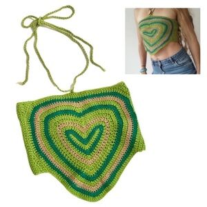 Heart Shape Crochet Cropped Top Lace Up Back Green Size Medium Boho Festival